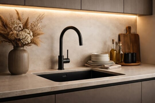 Close up shot of a chic kitchen counter with black sink and faucet, ambient modern lighting, decorative vase, and coordinated dishware