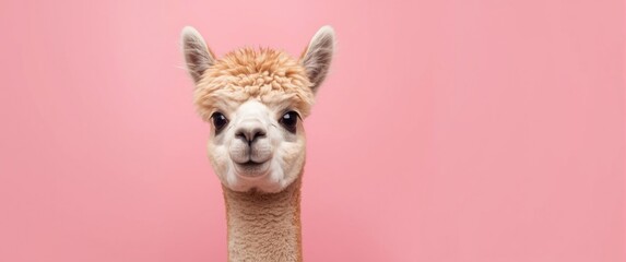 Obraz premium Adorable baby alpaca with a pink backdrop