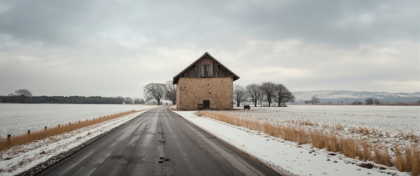 Small village road close to Portomarin town showcasing a typical Horreo building along the St James way in Galicia, winter scenery, old stone architecture, hiking, tourism, and pilgrimage routes.