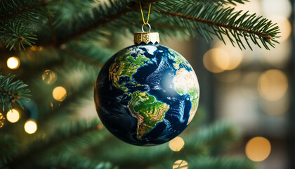 Earth Globe Christmas Ornament on a Festive Evergreen Tree