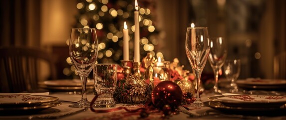 Fototapeta premium Holiday decor - candlelit table setting with glasses