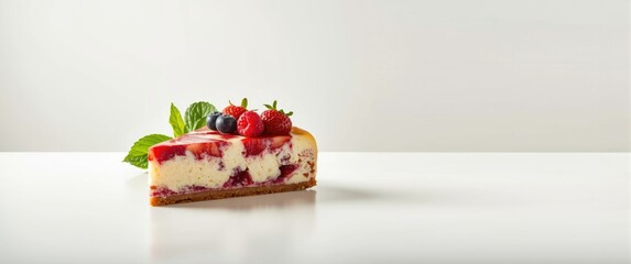 Berry assortment including strawberry and raspberry in cheesecake on a light, white background, gourmet food presentation