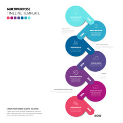 Professional timeline template featuring 7 colorful circular steps for a business timeline presentation. This multipurpose timeline uses a clean design for easy data visualization.