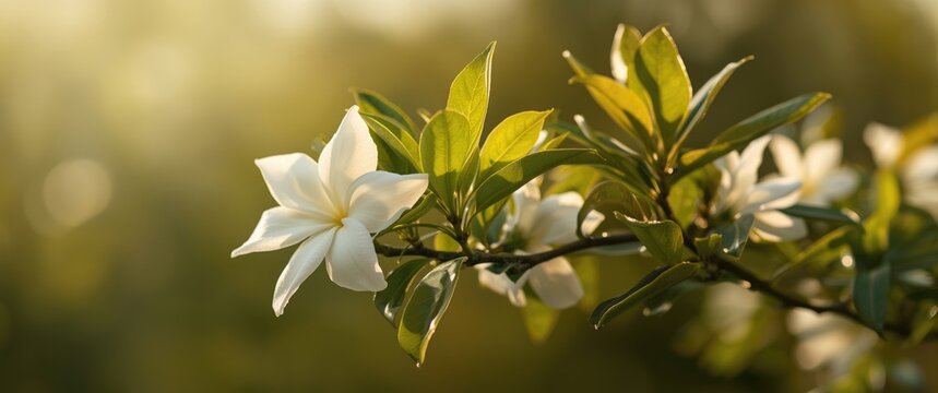 Isolated Gardenia flower branch with jasmine leaves blooming