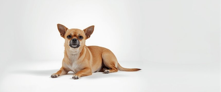 Portrait of a tiny adorable chihuahua dog resting on the floor, calmly displayed on a white studio backdrop. Focus on animal life, breeds, vet, and care.