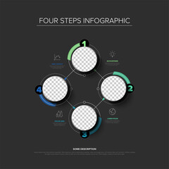 This modern infographic features a clean layout with four steps and photo placeholders designed for professional presentations. Infographic visualize workflows or business processes effectively.