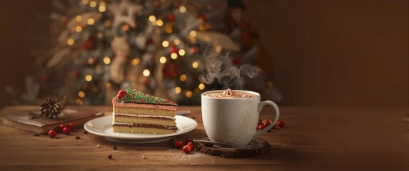 Yummy cake served with hot chocolate beverage