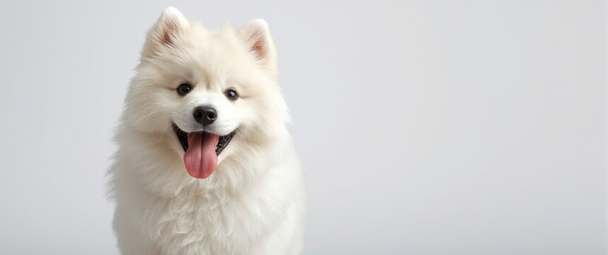 White background with isolated Samoyed dog, cheerful, adorable puppy, pet, funny, young, white, cute