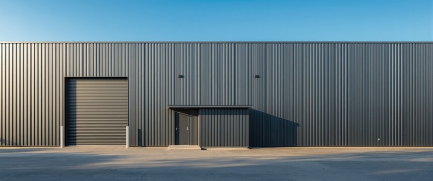 Exterior view of a contemporary warehouse featuring a small office space