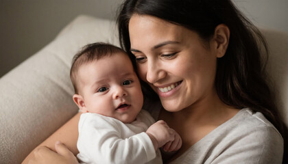 Close up portrait of happy young latin woman holding her adorable little baby daughter, looking at camera, smiling. Motherhood concept