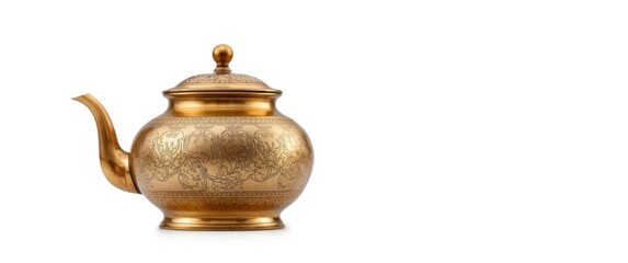 Old-fashioned brass teapot with decorative pattern isolated on white backdrop