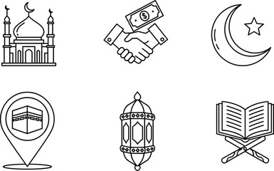Islamic Religious Icon Set Featuring Mosque Architecture Kaaba Location Pin Quran on Rehal Ramadan Lantern Crescent Moon and Zakat Charity Handshake