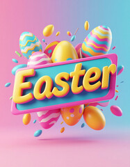 Vibrant 3D Easter Celebration with Colorful Eggs and Festive Text