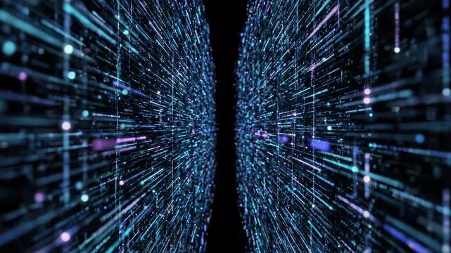 Glowing vertical data streams on a dark background represent cloud computing and server processing for big data marketing visuals.