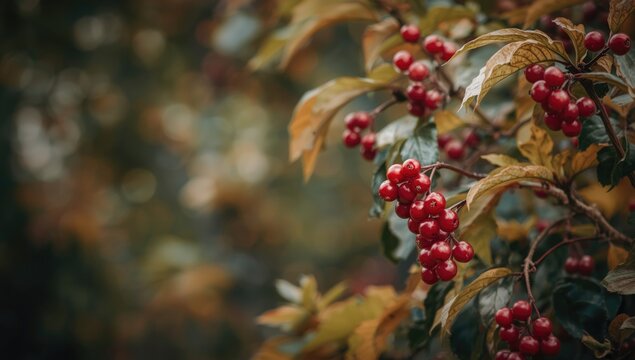 Close-up of red barberry berries on shrub in fall, highlighting seasonal foliage
