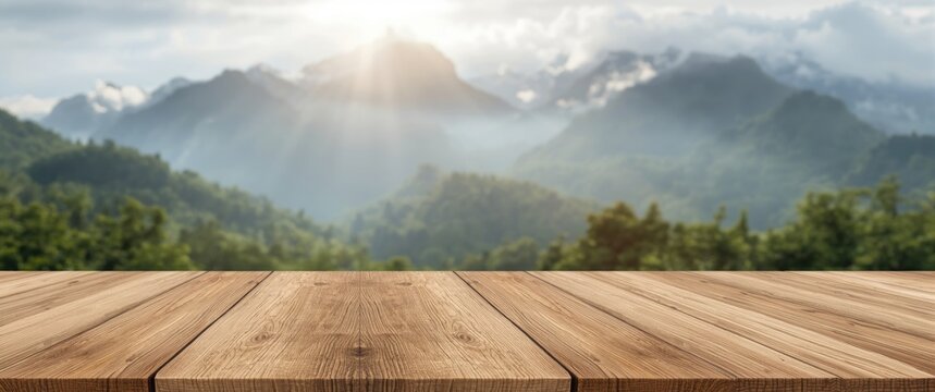 Empty wooden table showcasing a mountain display