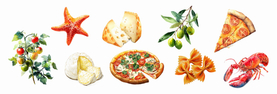 Mediterranean food illustration with watercolor lemons, pizza, and Italian cuisine elements. Summer pattern featuring tomatoes, seafood, and authentic food flavors in vector design. 