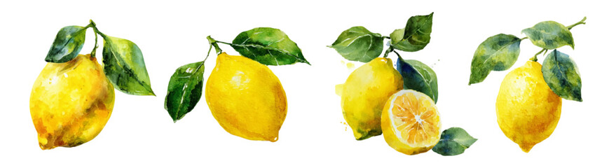 Fototapeta premium Watercolor lemonade set with fresh lemons, citrus fruits, and green leaves. Summer Italy-inspired vector illustration with juicy yellow fruit and watercolor florals. Vector illustration.