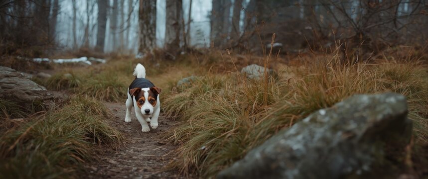 Cute little Purebred Jack Russell Terrier with tricolor coat walking on a path between trees and stones