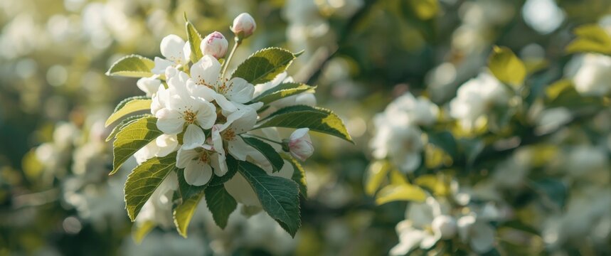 Close-up shots of flowering apple trees during spring in a garden