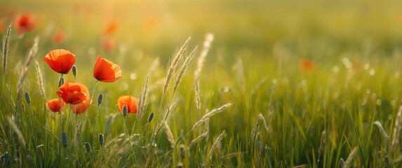 Fototapeta premium Springtime field filled with blooming red poppies in full flower
