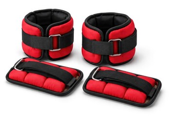 Naklejka premium Padded red exercise wrist and ankle weights with black grips for fitness training on white surface