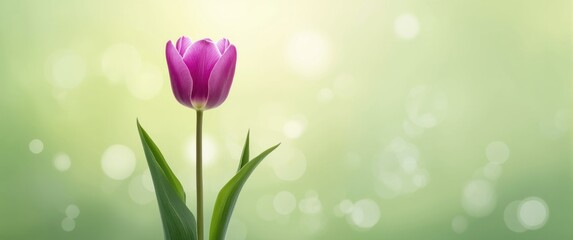Obraz premium Soft green background with a purple tulip