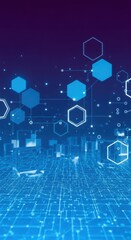 Abstract digital background with glowing hexagons and data streams