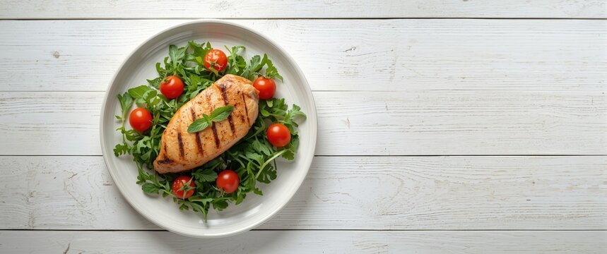 Juicy Grilled Chicken Breast with Cherry Tomato and Arugula Salad Garnished with Fresh Mint, Presented on White Wooden Surface. Homemade Tasty Meal. Top View, Copy Space.