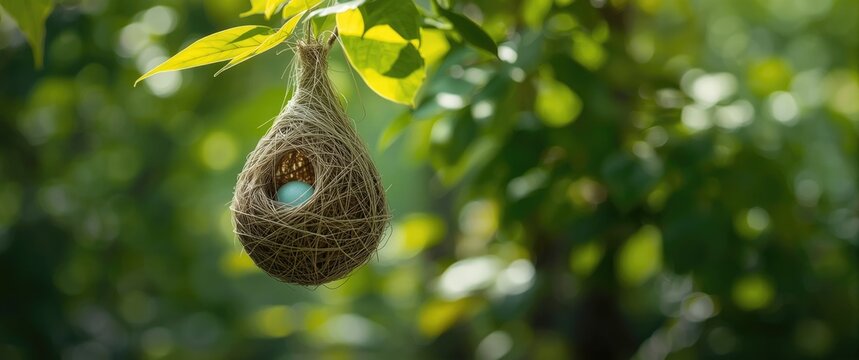 A Grey-backed Camaroptera's nest, concealed by leaves and stitched with spider silk, shows a light blue egg inside