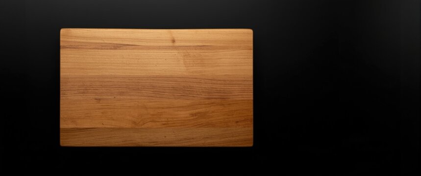 Wooden butcher block cutting board set against a black background