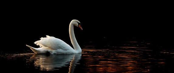 Fototapeta premium Mute Swan drifting across the Lake at sunset. Magnificent scene, serene White Swan in sunset light, fairy tale setting, enchanting beauty