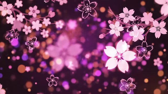 Seamless loop motion graphic of rapidly pulsing warm magenta and violet bokeh particles transitioning smoothly behind abstract pink cherry blossom outlines design element, abstract pink, texture