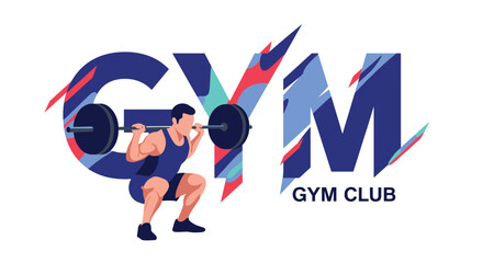 Muscular man performing a barbell squat exercise in front of a large colorful text that says GYM CLUB for fitness and bodybuilding.