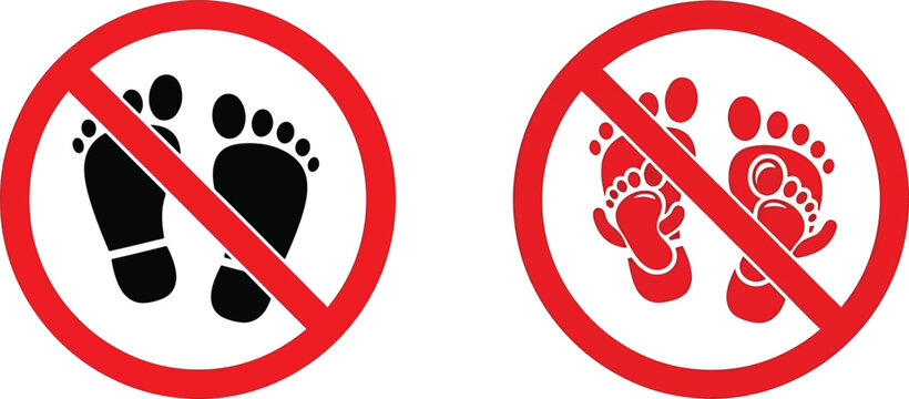 Do not step or no bare feet signs, warning symbols for hygiene