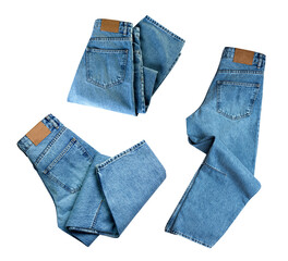 Blue folded jeans set isolated on white, collage of trousers, denim cloth collection.
