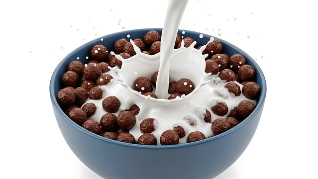 Chocolate cereal balls splashing into milk in blue bowl isolated on a transparent background