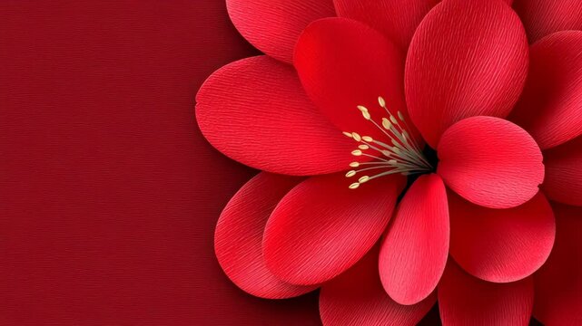 Vibrant red flower with layered petals and delicate stamen against a rich red background, showcasing intricate textures and details in a close-up view of nature's beauty