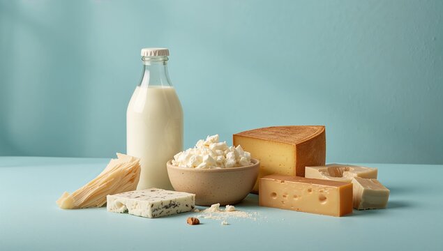 Variety of dairy items displayed on pastel blue surface designed for product presentation or advertising, food safety emphasis