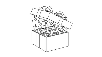 Open Gift Box Illustration with a Decorative Ribbon Bow and Multiple Traditional Lanterns and Small Stars Floating Out from the Inside in Black Line Art, Generative AI.
