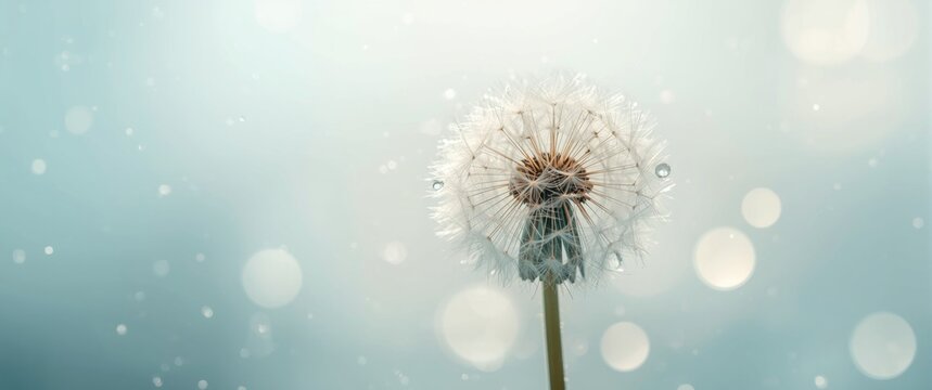 Detailed art photo of water-covered dandelion seeds