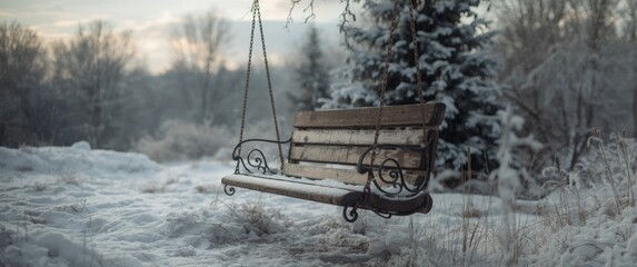 Winter scene featuring a wooden swing bench in the park, decorated for Christmas, surrounded by snow, trees, and natural landscape