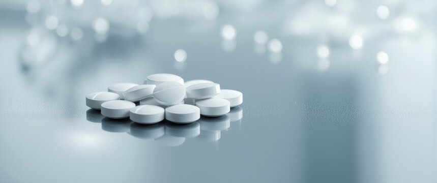 Macro shot of white pills on metallic table