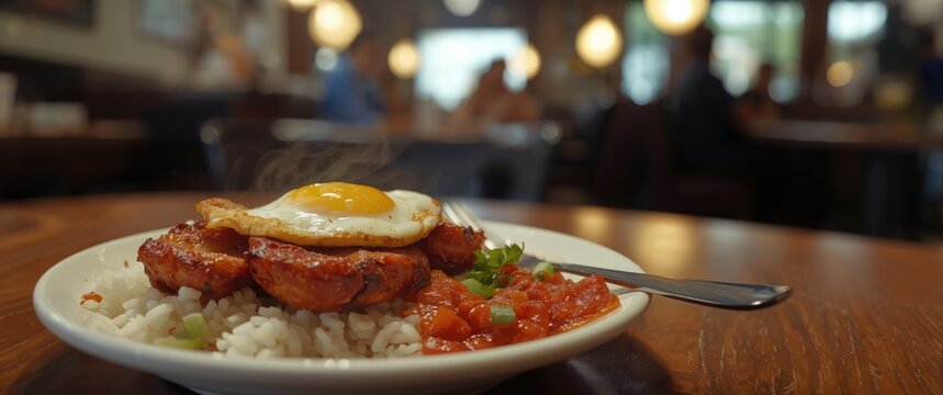 Traditional Filipino Silog Porchetta Featuring Garlic Rice, Roasted Pork, Fried Egg, and Sambal