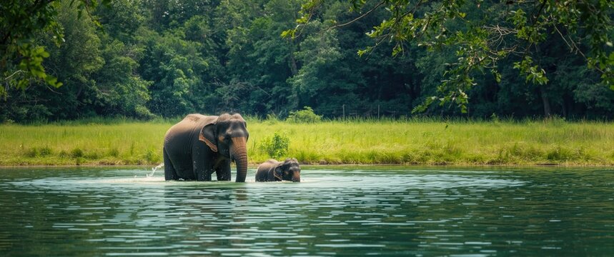 Elephants playing and walking in water at an elephant rescue and rehabilitation center in Northern Thailand - Asia