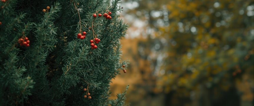 Taxus baccata detailed view featuring conifer needles, fruits, and green branches with red berries