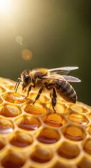 A honeybee rests on golden honeycomb cells basking in sunlight