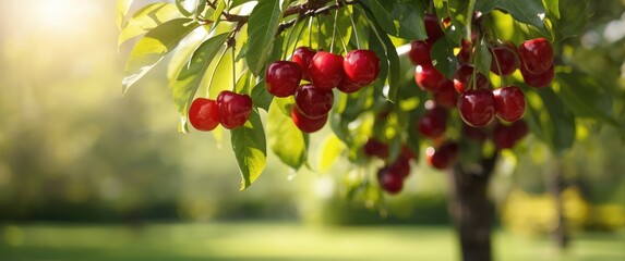 Fototapeta premium Cherry blossom in the garden setting, food, summer, nature, tree, spring, leaf, white, fruit