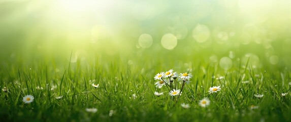 Obraz premium Blooming daisies in a green spring meadow on vibrant grass