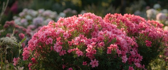 Obraz premium Large pink Phlox Tatjana bushes in full bloom during summer in the garden with floral backdrop